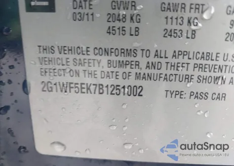 2011 Chevrolet Impala Ls из США, поврежденный, VIN 2G1WF5EK7B1251002